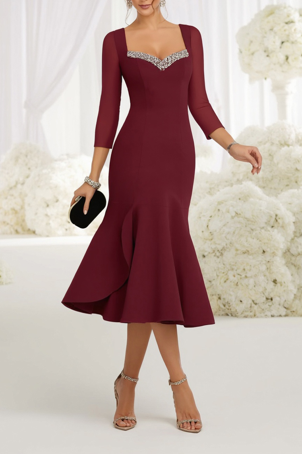Mother of th Bride Dress Burgundy Sweatheart Neck Mermaid Midi Dress