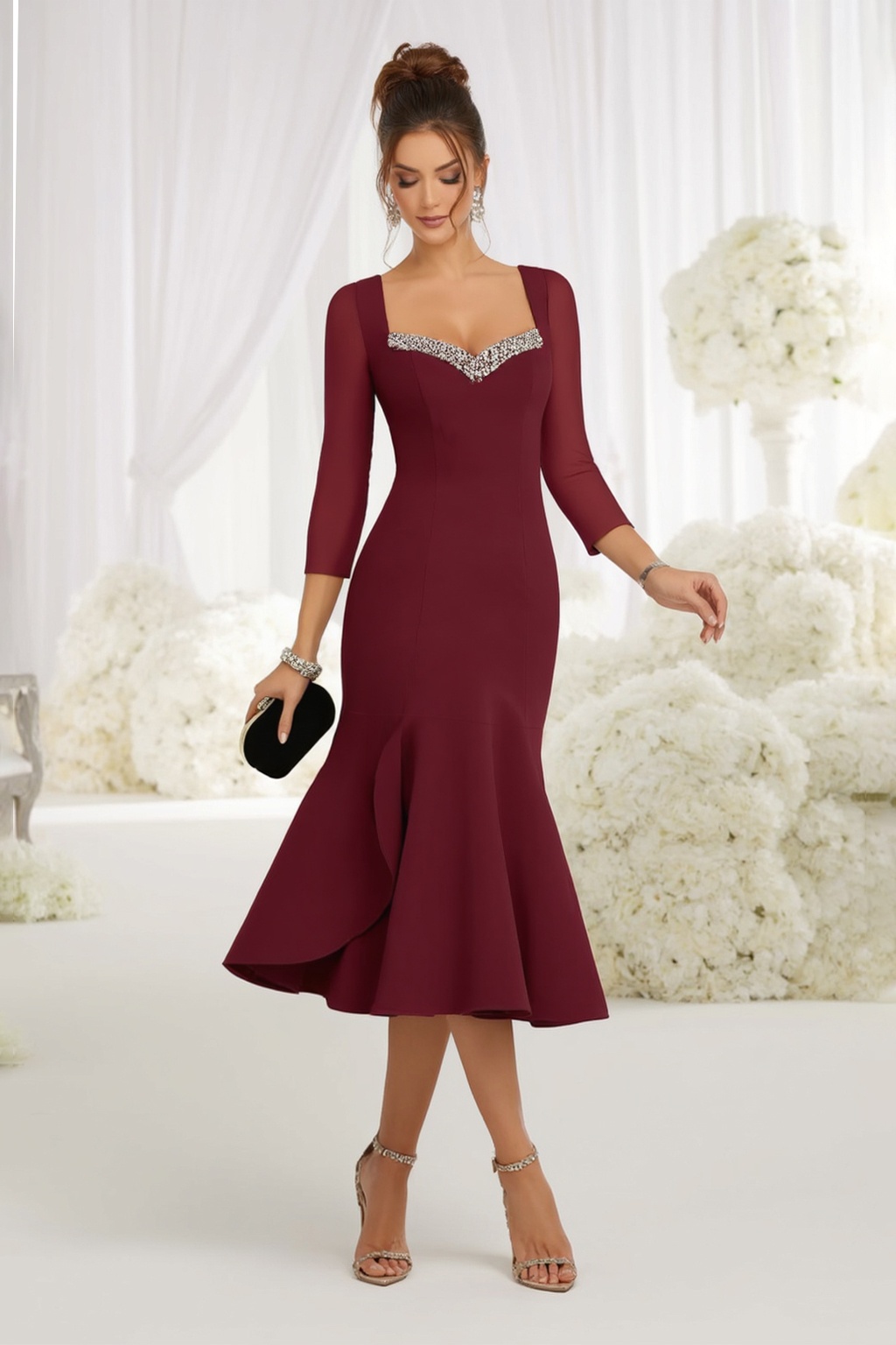 Mother of th Bride Dress Burgundy Sweatheart Neck Mermaid Midi Dress