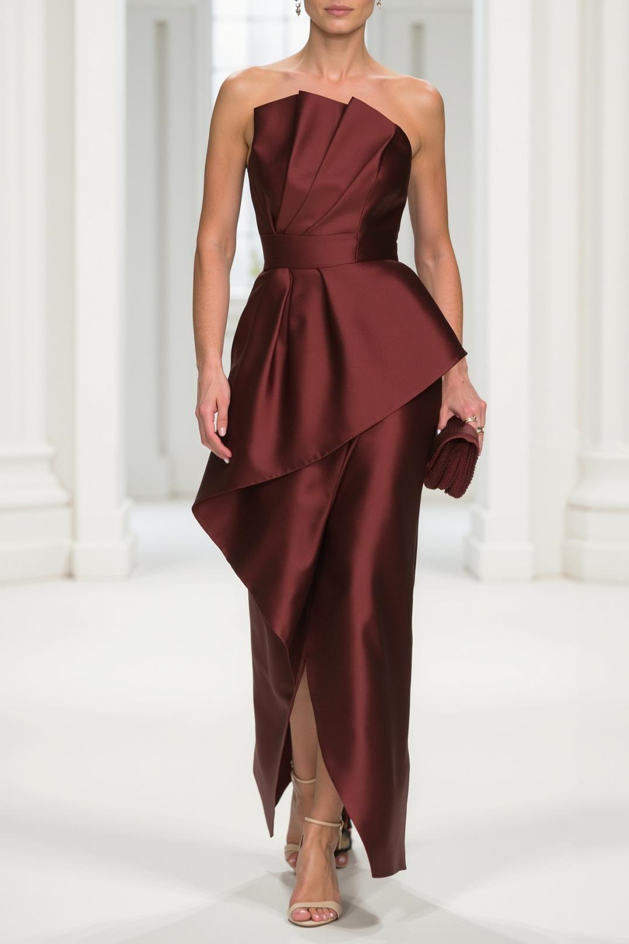 Mother of th Bride Dress Burgundy Strapless Ruched Maxi Dress