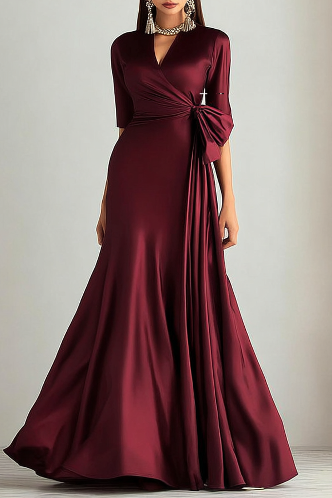 Formal ​Evening Dress Burgundy V Neck Maxi Satin Dress