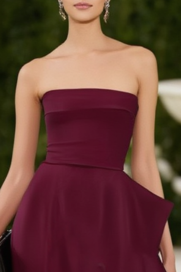 Mother of th Bride Dress Burgundy Strapless Ruffle Maxi Dress