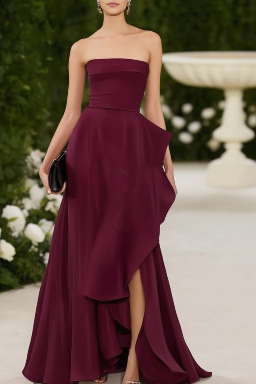 Mother of th Bride Dress Burgundy Strapless Ruffle Maxi Dress