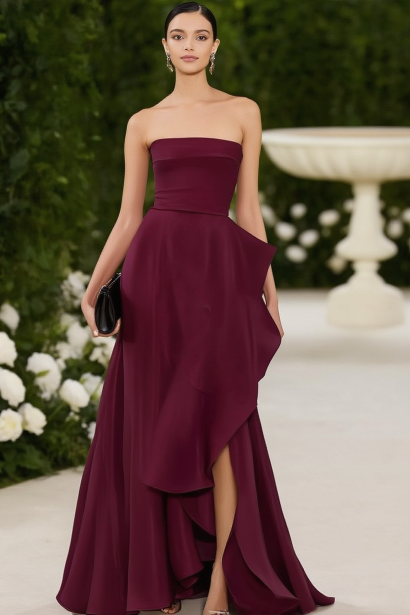 Mother of th Bride Dress Burgundy Strapless Ruffle Maxi Dress