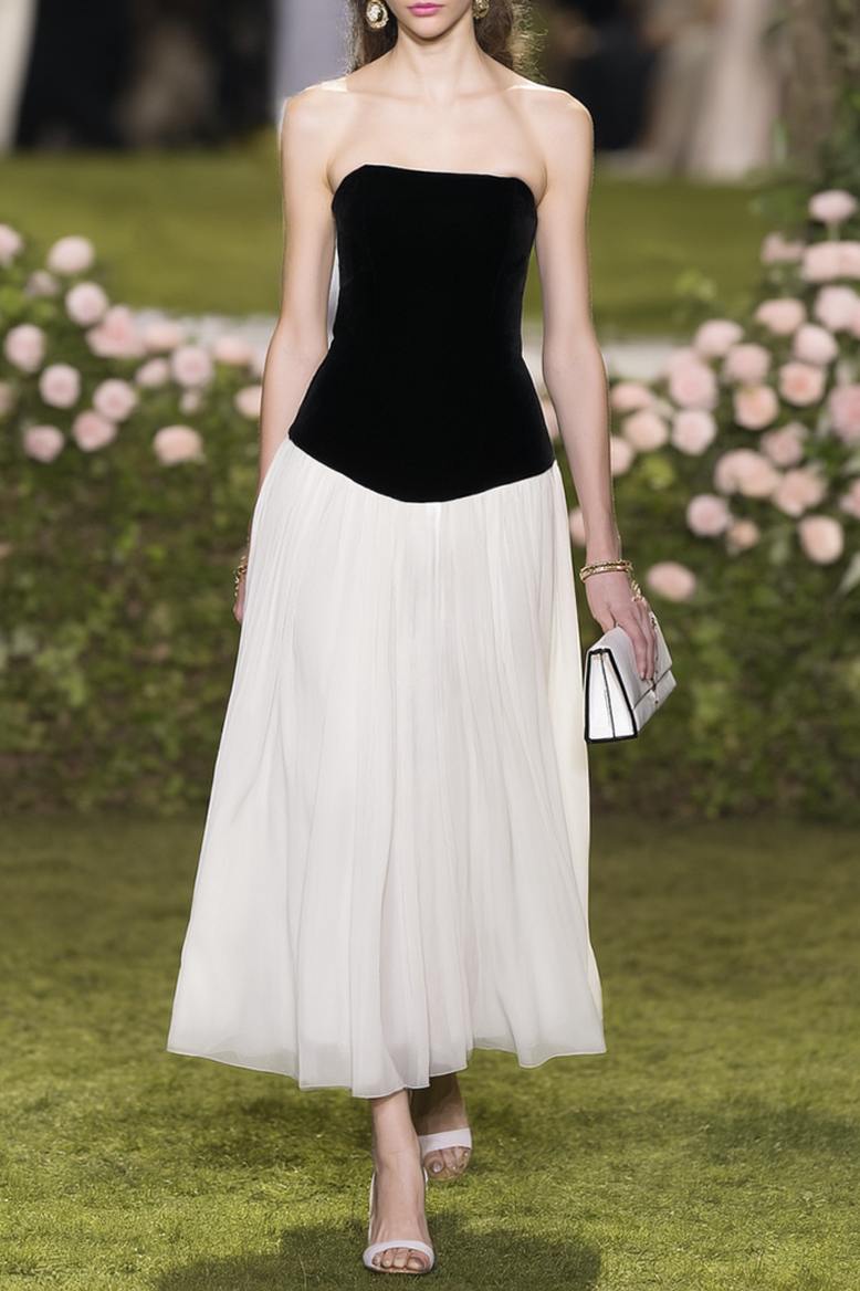 Wedding Guest Dress Black White Strapless Colorblock Maxi Dress