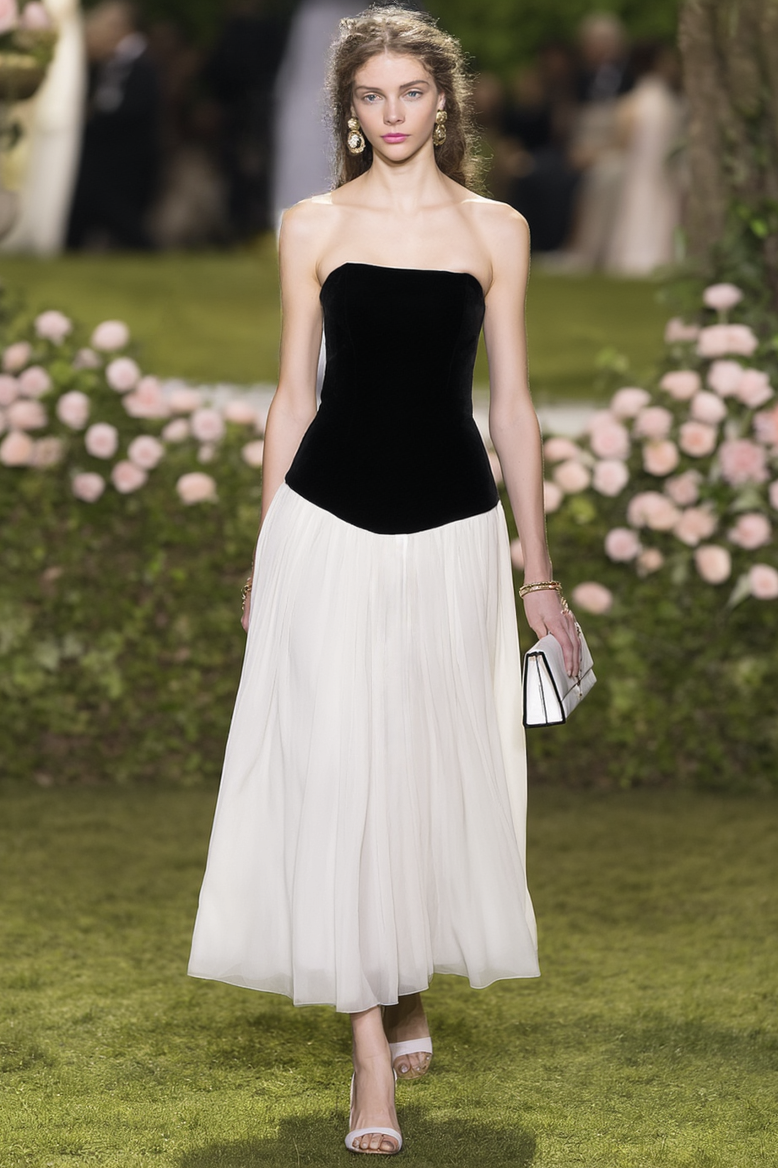 Wedding Guest Dress Black White Strapless Colorblock Maxi Dress