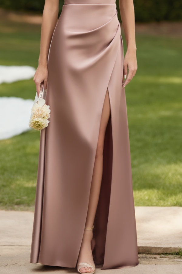 Formal Wedding Guest Satin Dress Pink Spaghetti Strap Sleeveless Maxi Dress