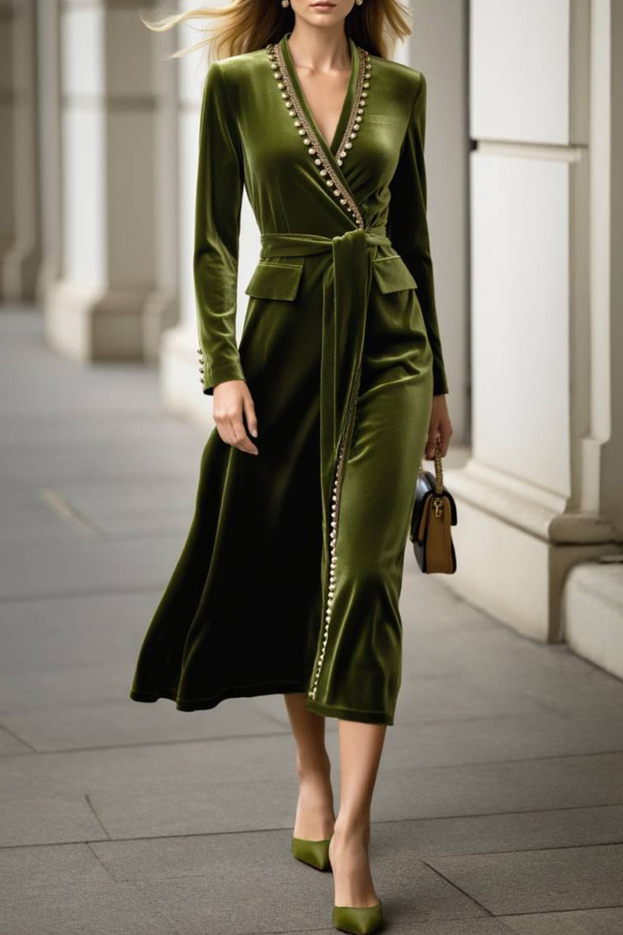 Work Velvet Dress Green V Neck Long Sleeve Midi Dress