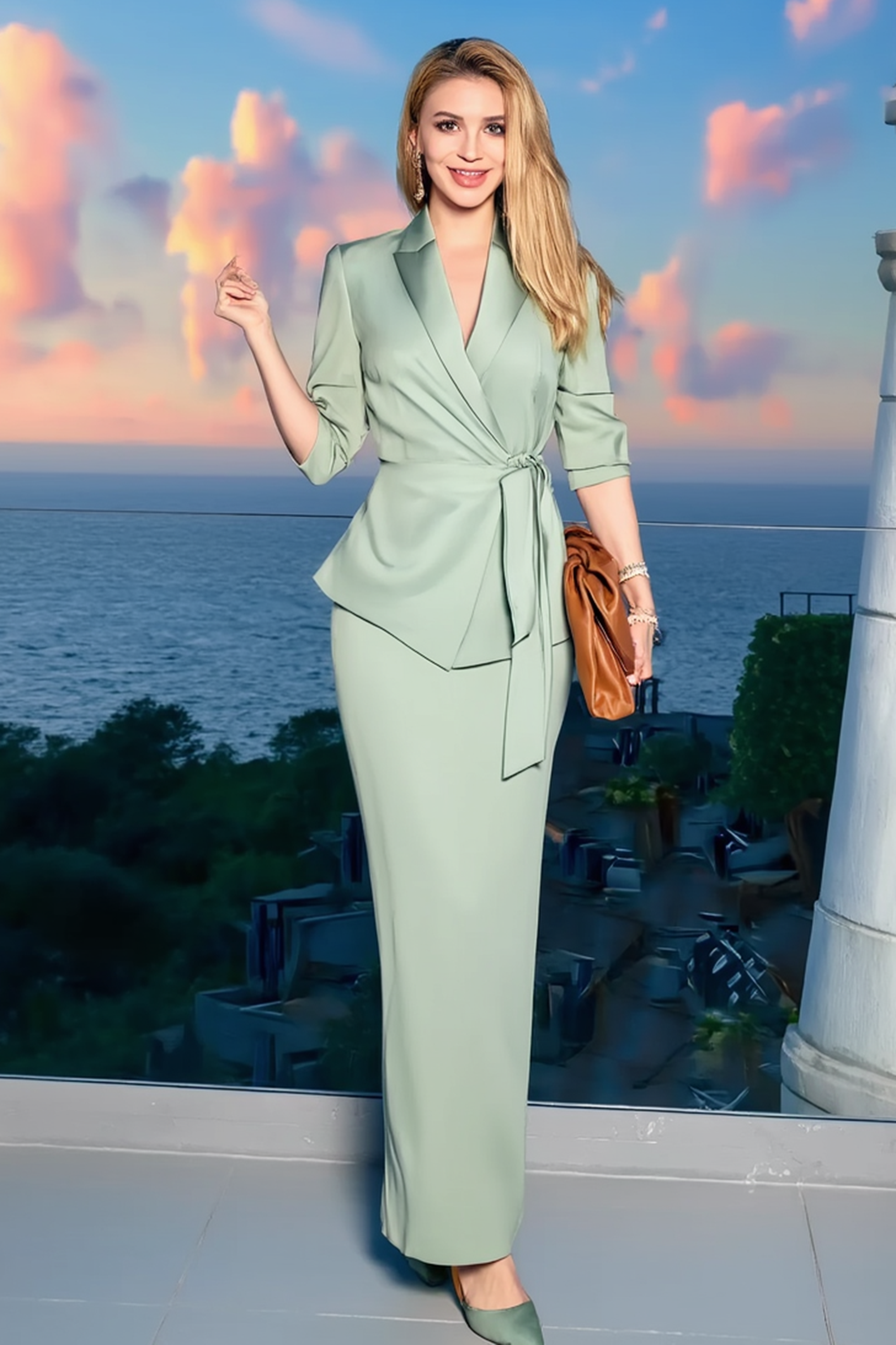 Work Business Set Light Green Collared Tie Top with Maxi Skirt