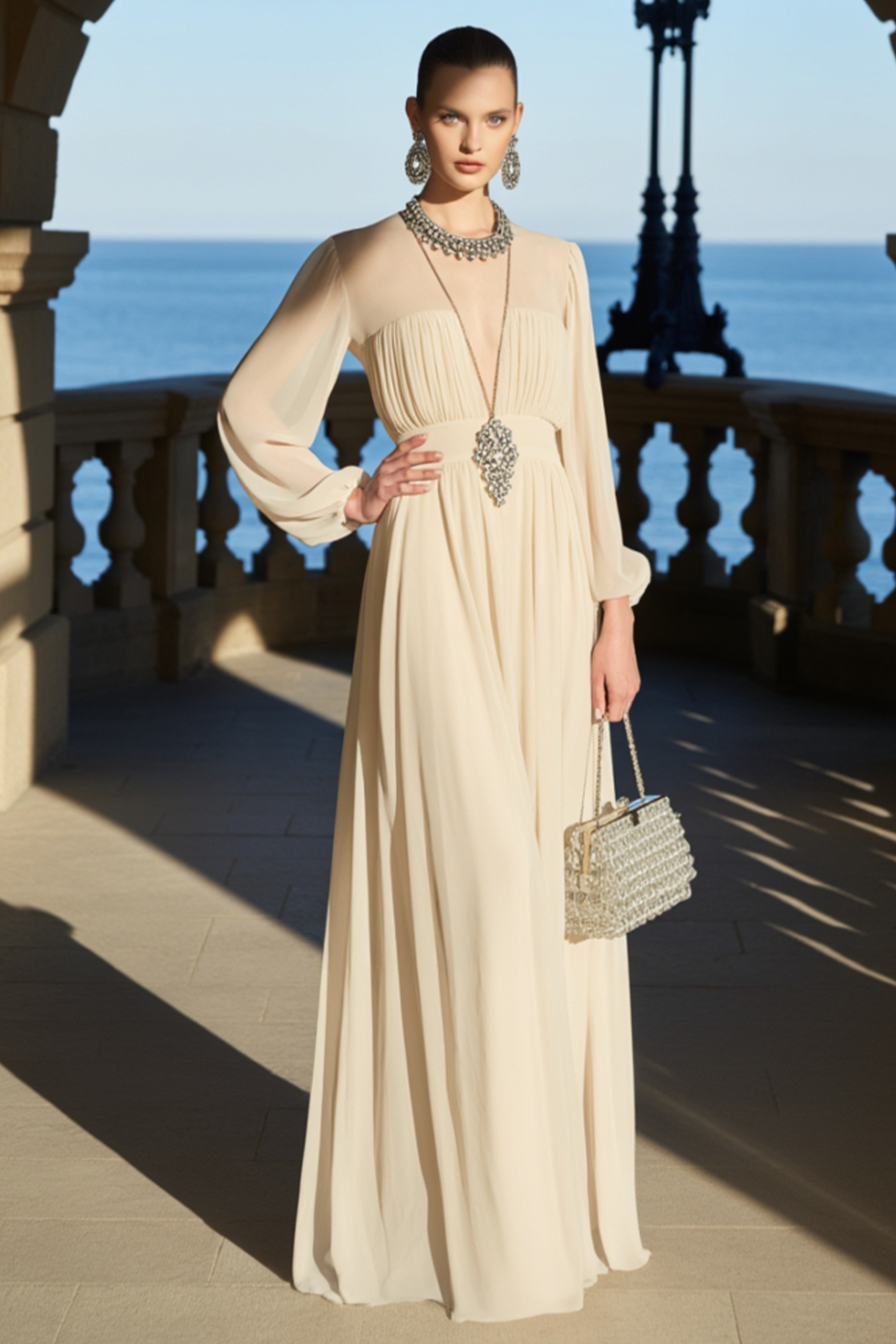 Formal Evening Dress Beige Chiffon Long Sleeve Deep V Maxi Dress
