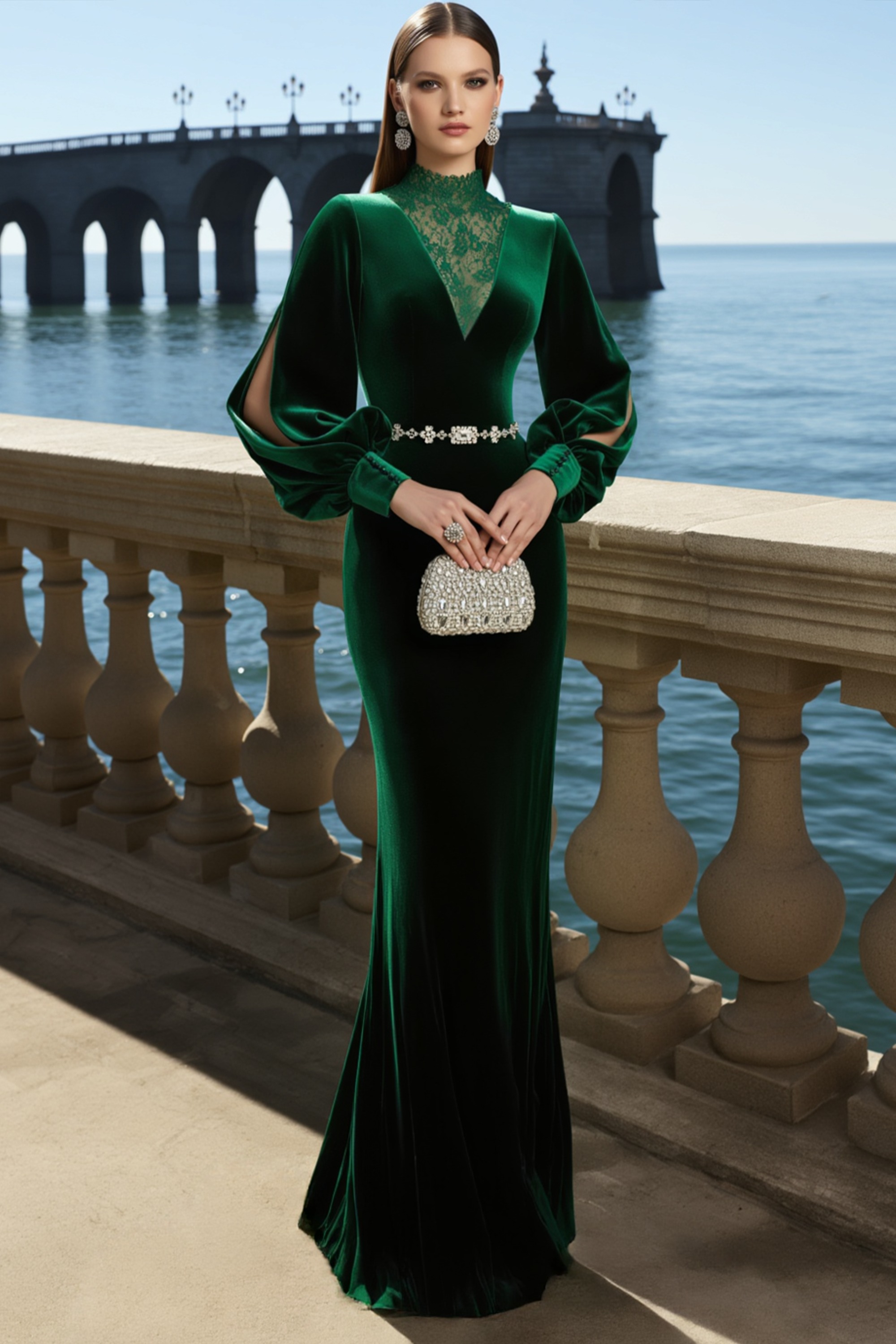 Formal Evening Dress Velvet Dark Green Puff Sleeve Stand Neck Lace Maxi Dress
