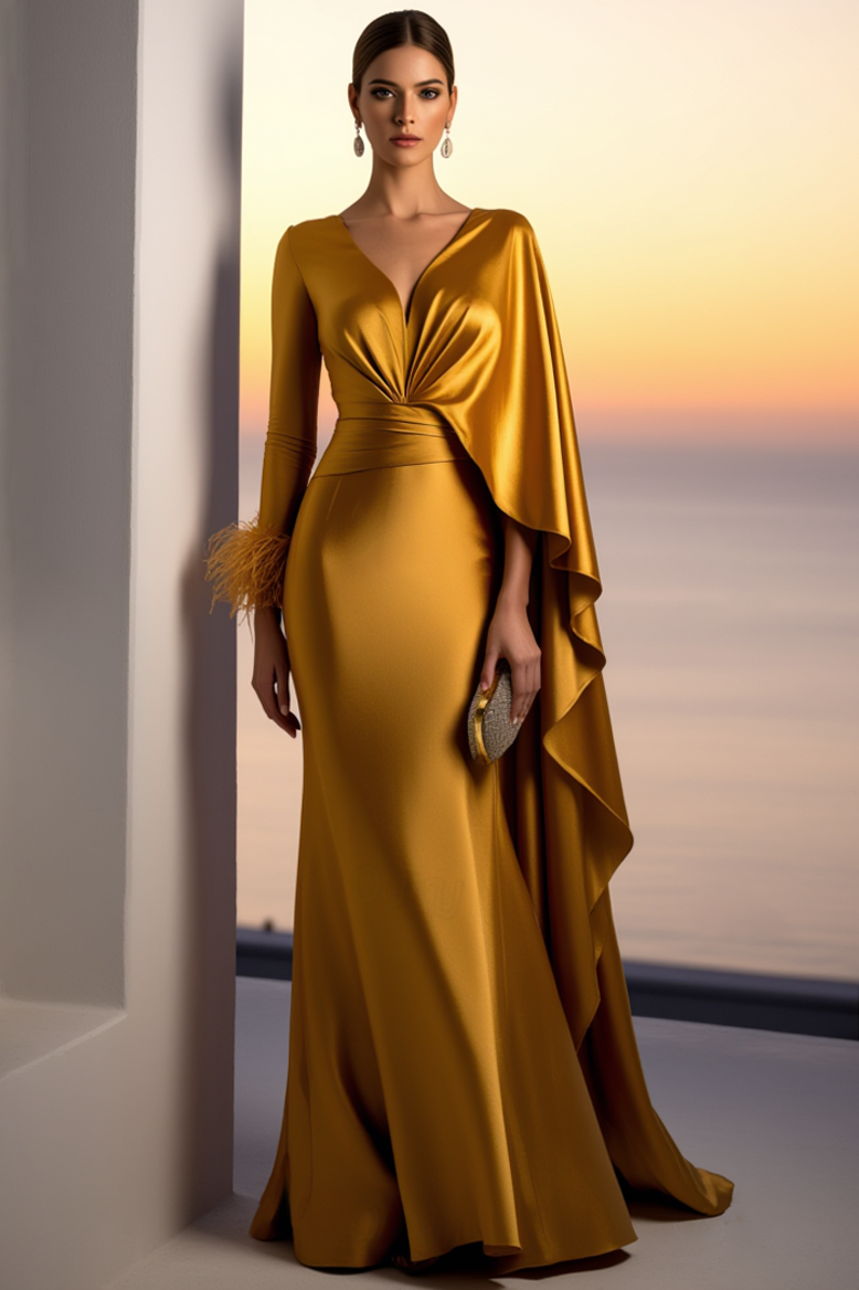 Evening Formal Golden Satin Dress V Neck Long Sleeve Cape Maxi Gown