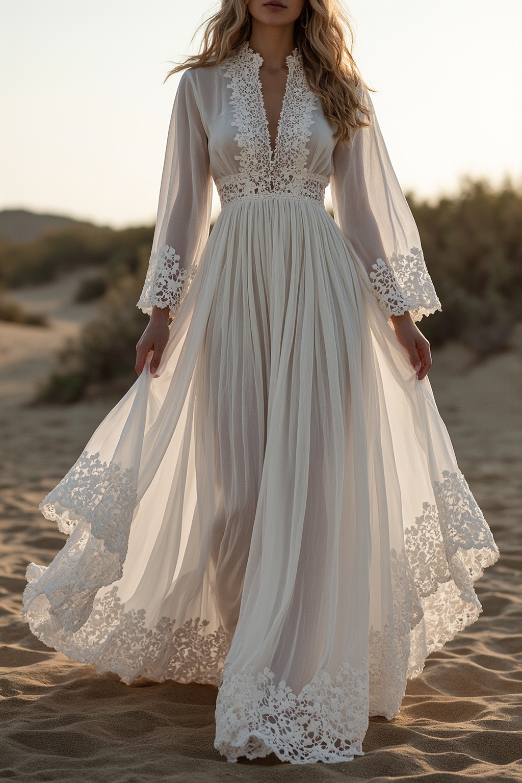 Boho Vacation Lace Dress White Deep V Maxi Dress