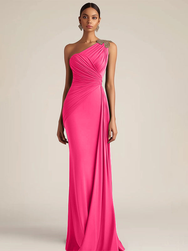Formal Evening Dress Green One-Shoulder Ruched Floor-Length Dress