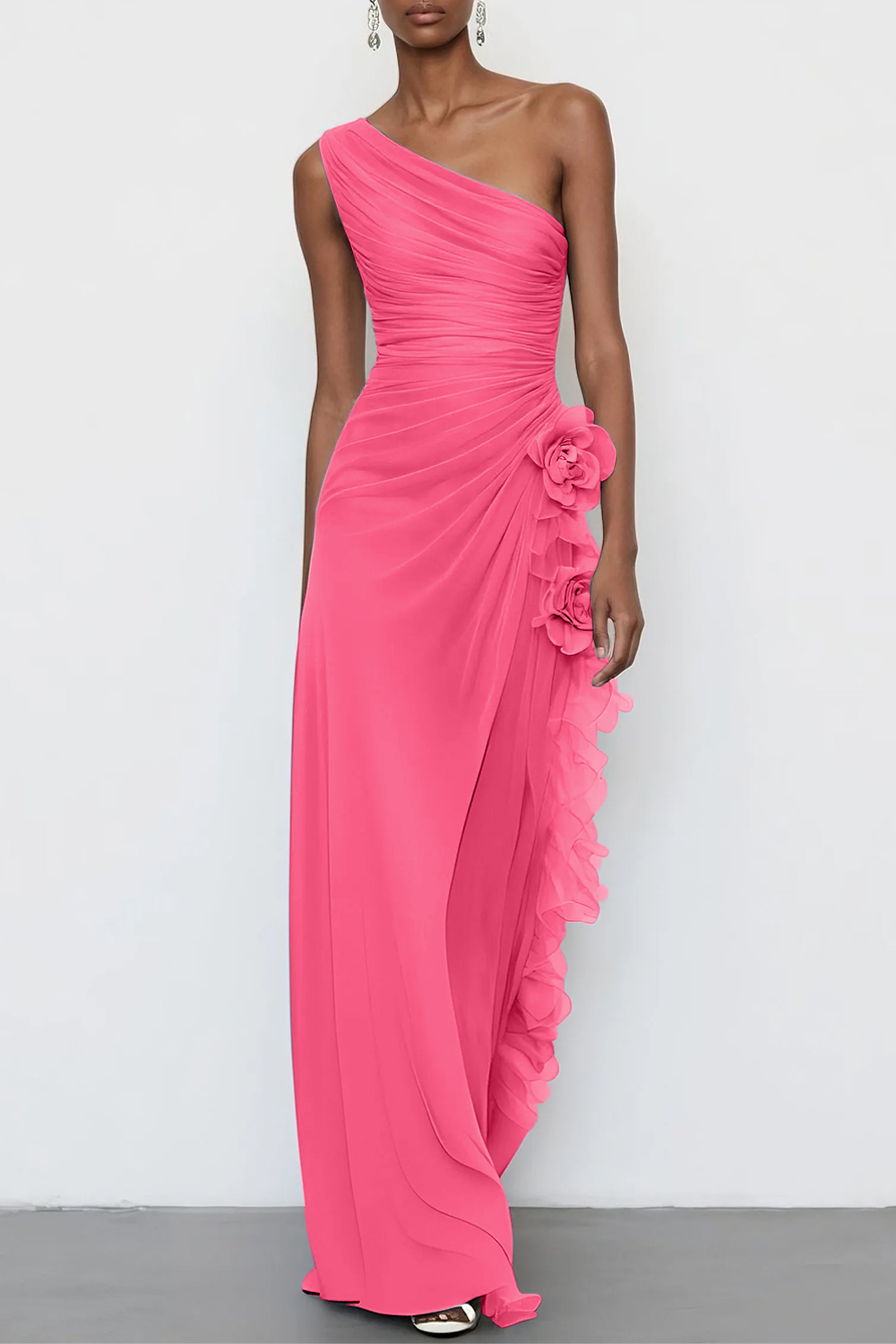 3D Floral Chiffon One Shoulder Sleeveless Sheath Maxi Dress