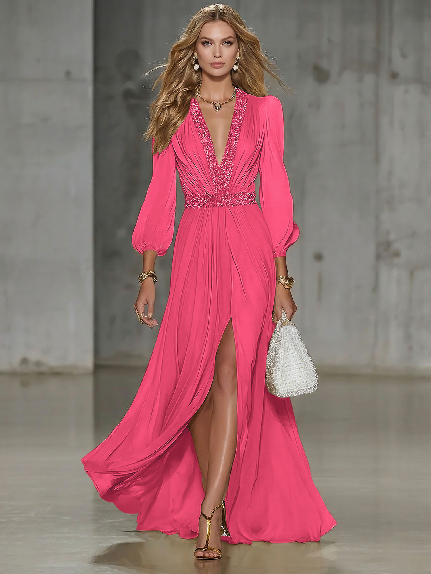 Elegant Beige Chiffon V-neck With Rhinestone Embellishments And A Side Slit Maxi Dress