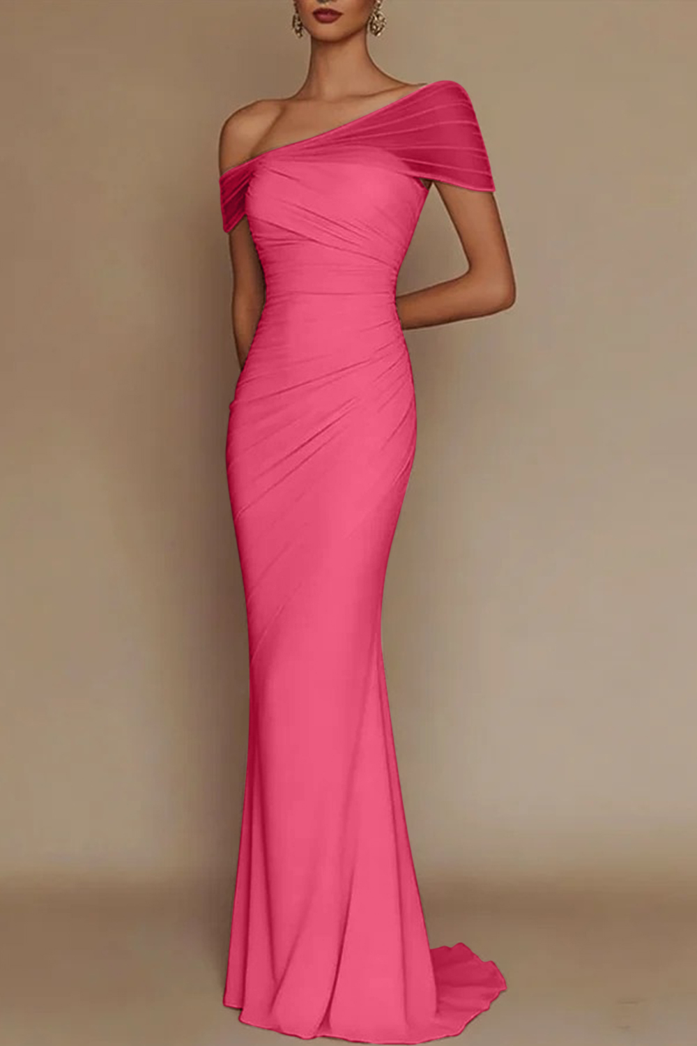Blush Pink One-Shoulder Mesh-Patched Pleated Mermaid Maxi Dress
