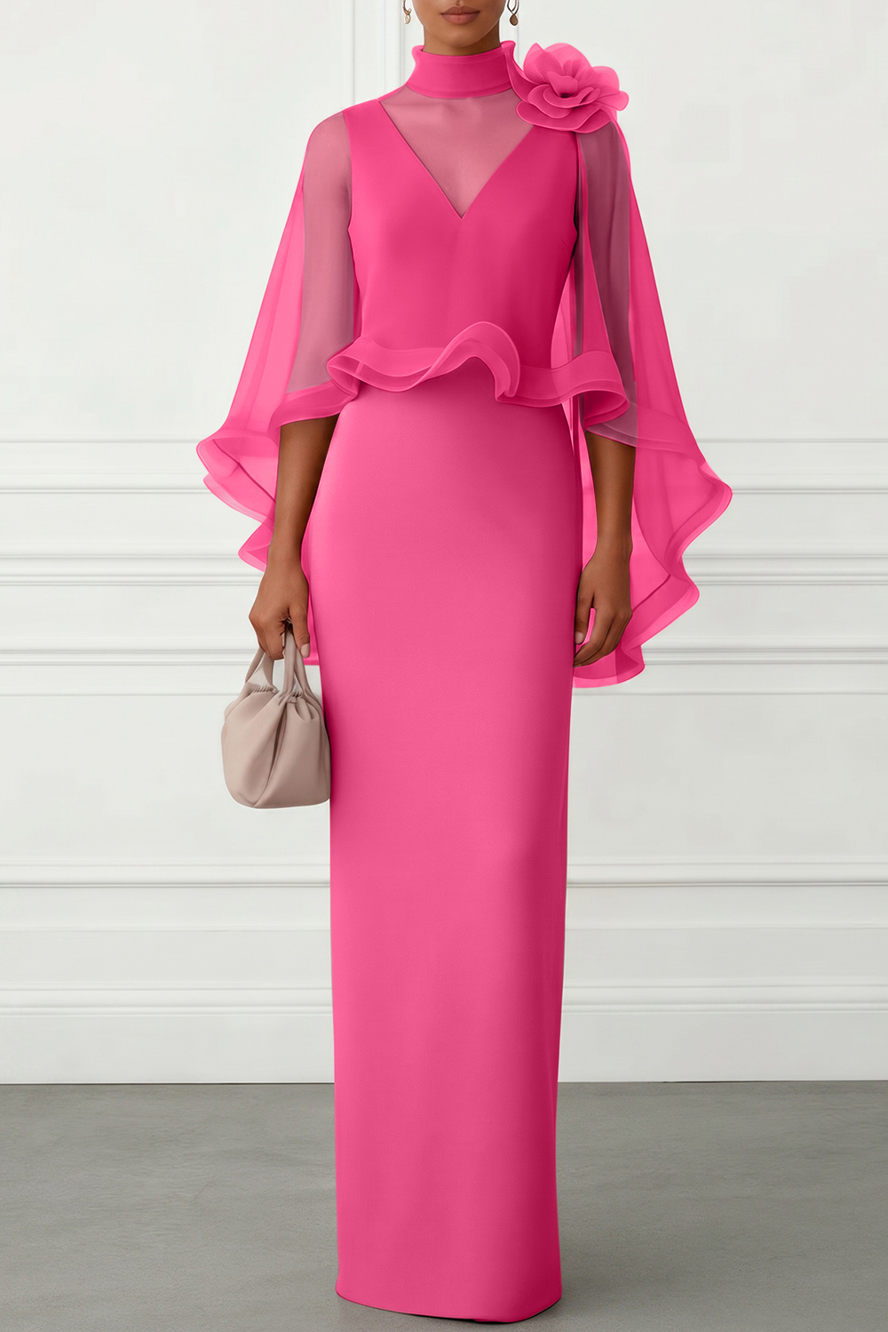 Nudepink 3D Floral Mesh Classic Mock Neck Half Sleeve Sheath Floor-length Gown Dress