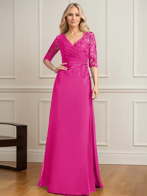 A-line V-Neck Floor-Length Lace Chiffon Mother of the Bride Dress With Pleated Sequins