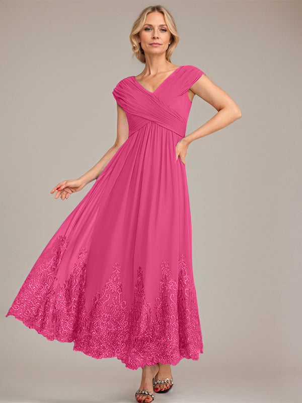 A-line V-Neck Ankle-Length Chiffon Mother of the Bride Dress With Applique Sequins