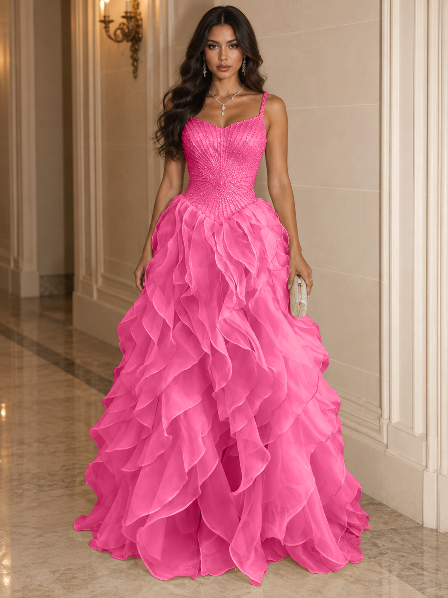 Spaghetti Straps Pleated Luxurious Maxi Evening Dresses with Beadings