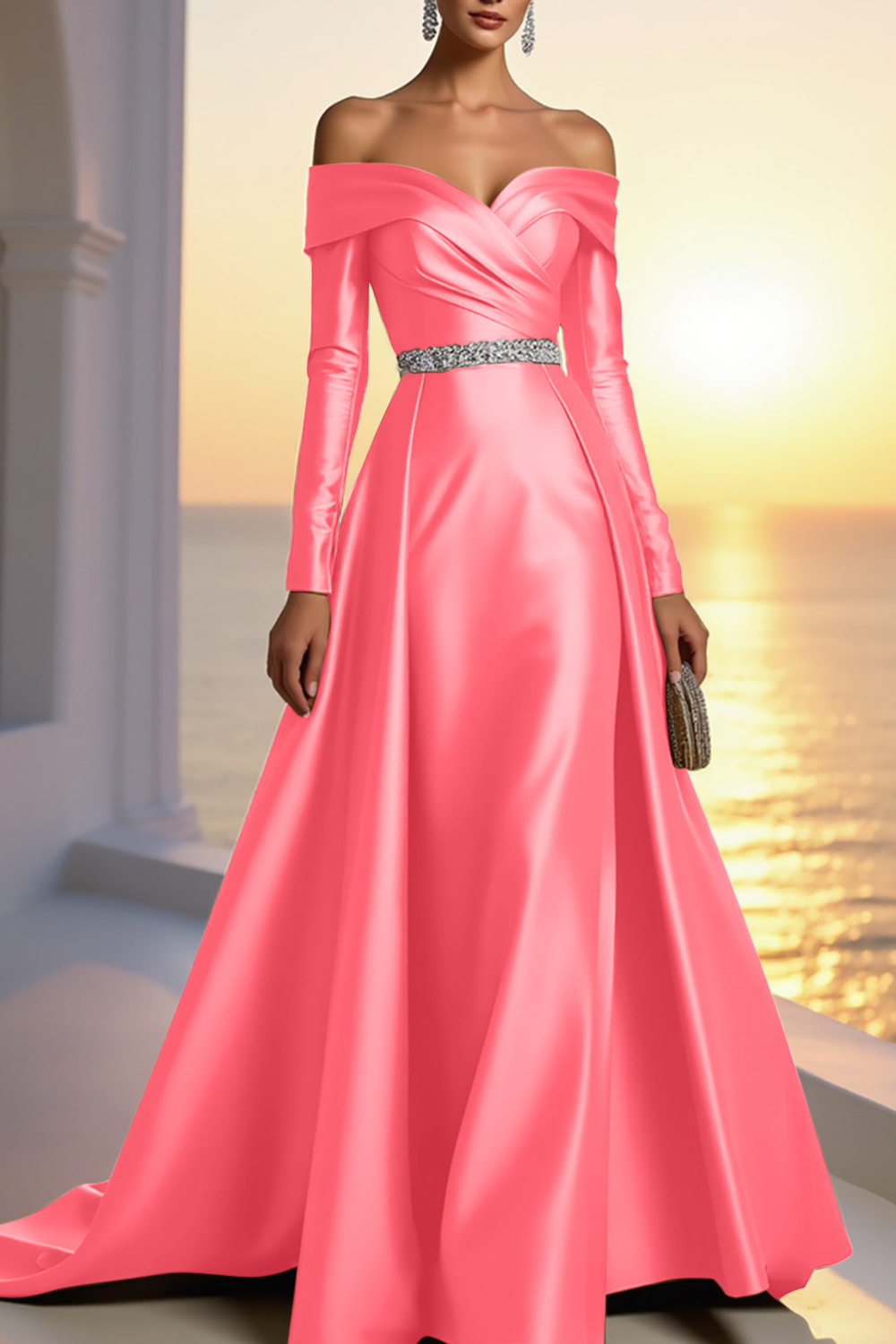 Formal Champagne Satin Dress Off The Shoulder Long Sleeve Maxi Gown