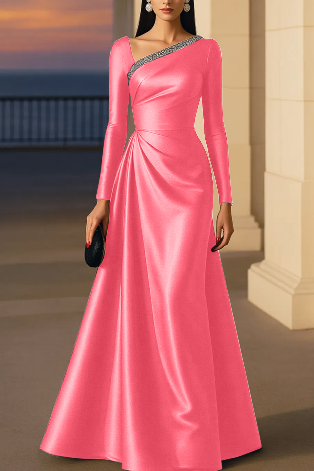 Evening Formal Burgundy Dress Asymmetrical Neck Long Sleeve Maxi Gown