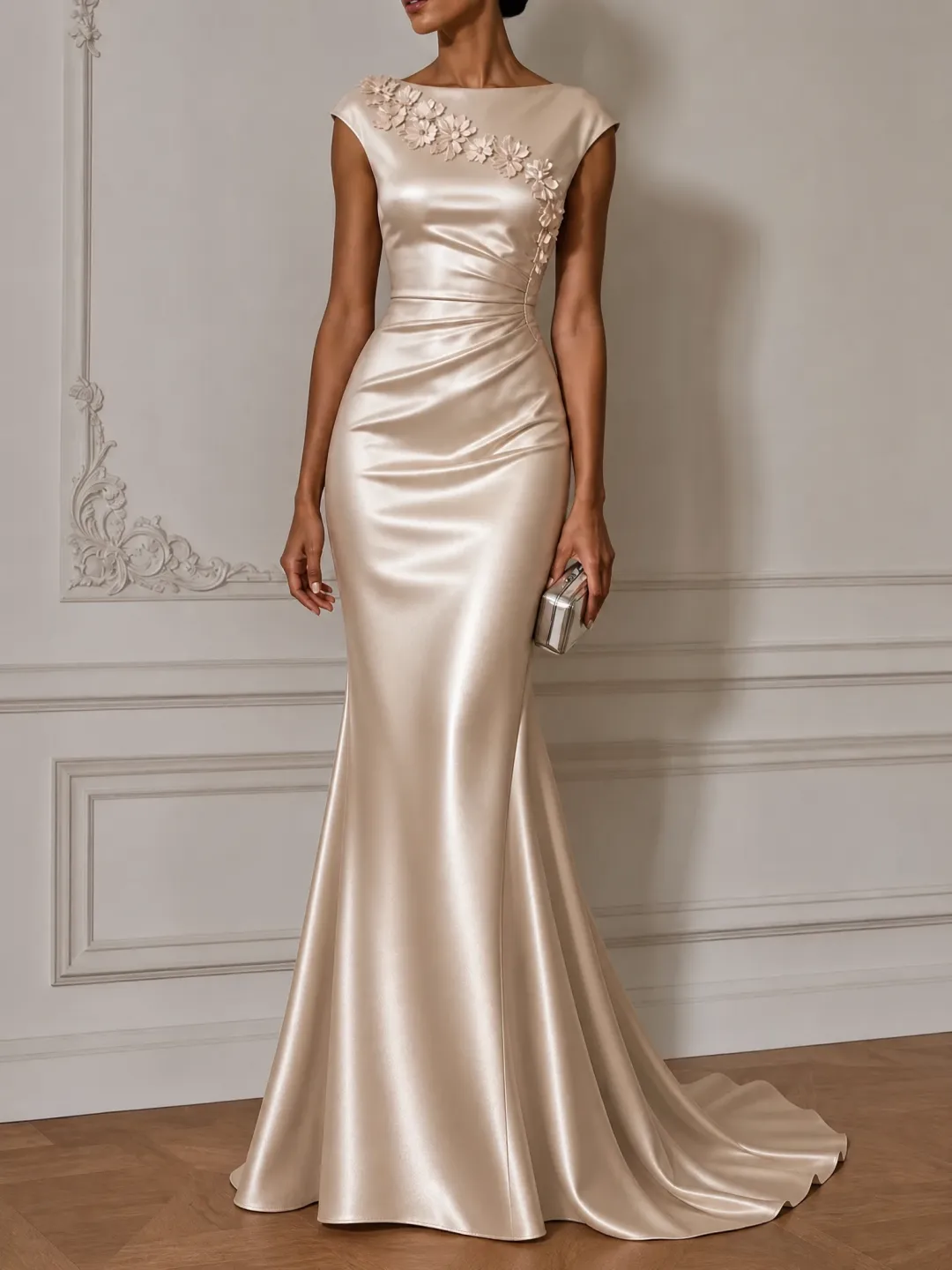Champagne Satin Cap Sleeve 3D Floral Embellished Mermaid Gown