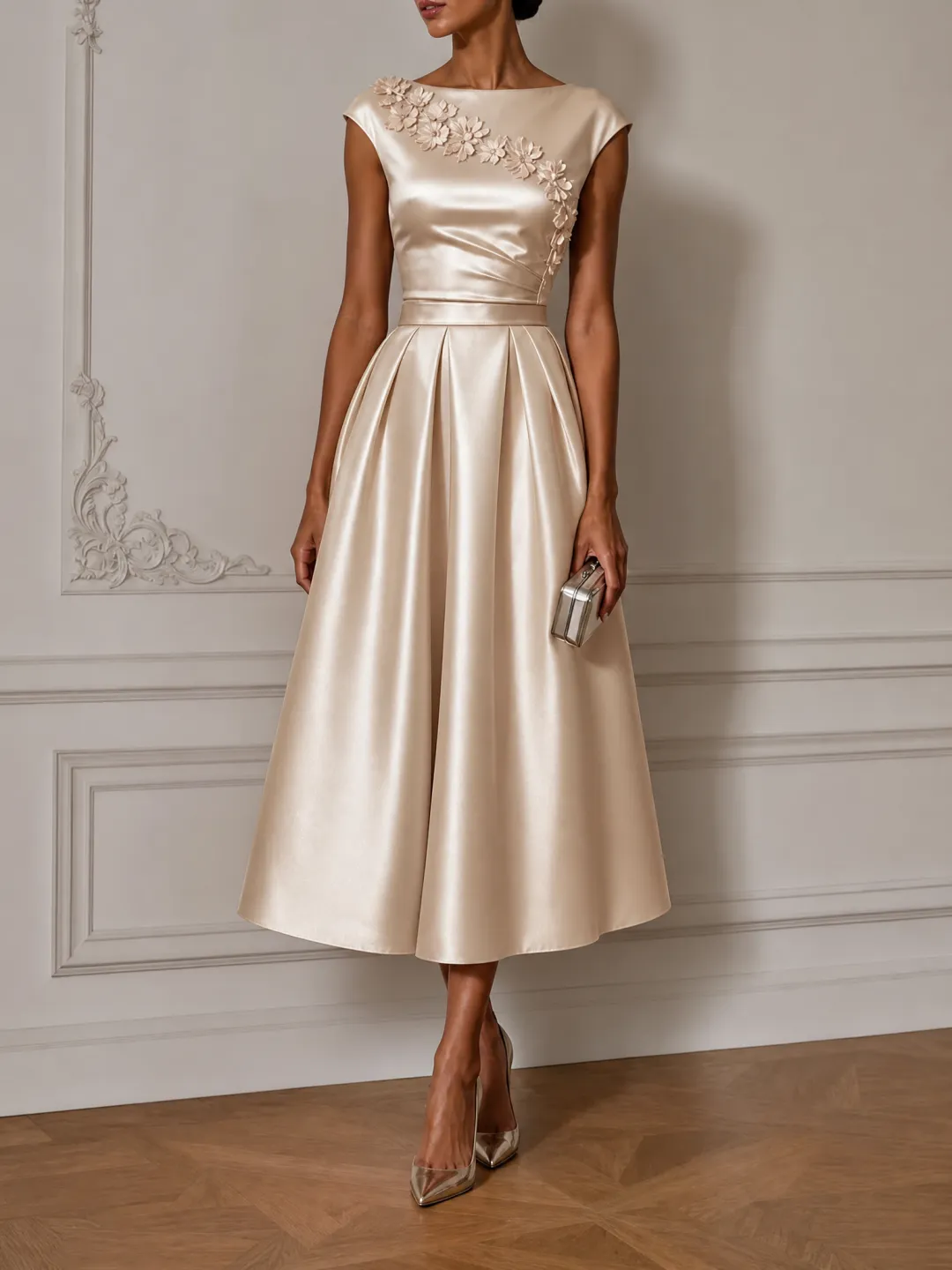 Champagne Satin Cap Sleeve 3D Floral Embellished A-Line Midi Dress