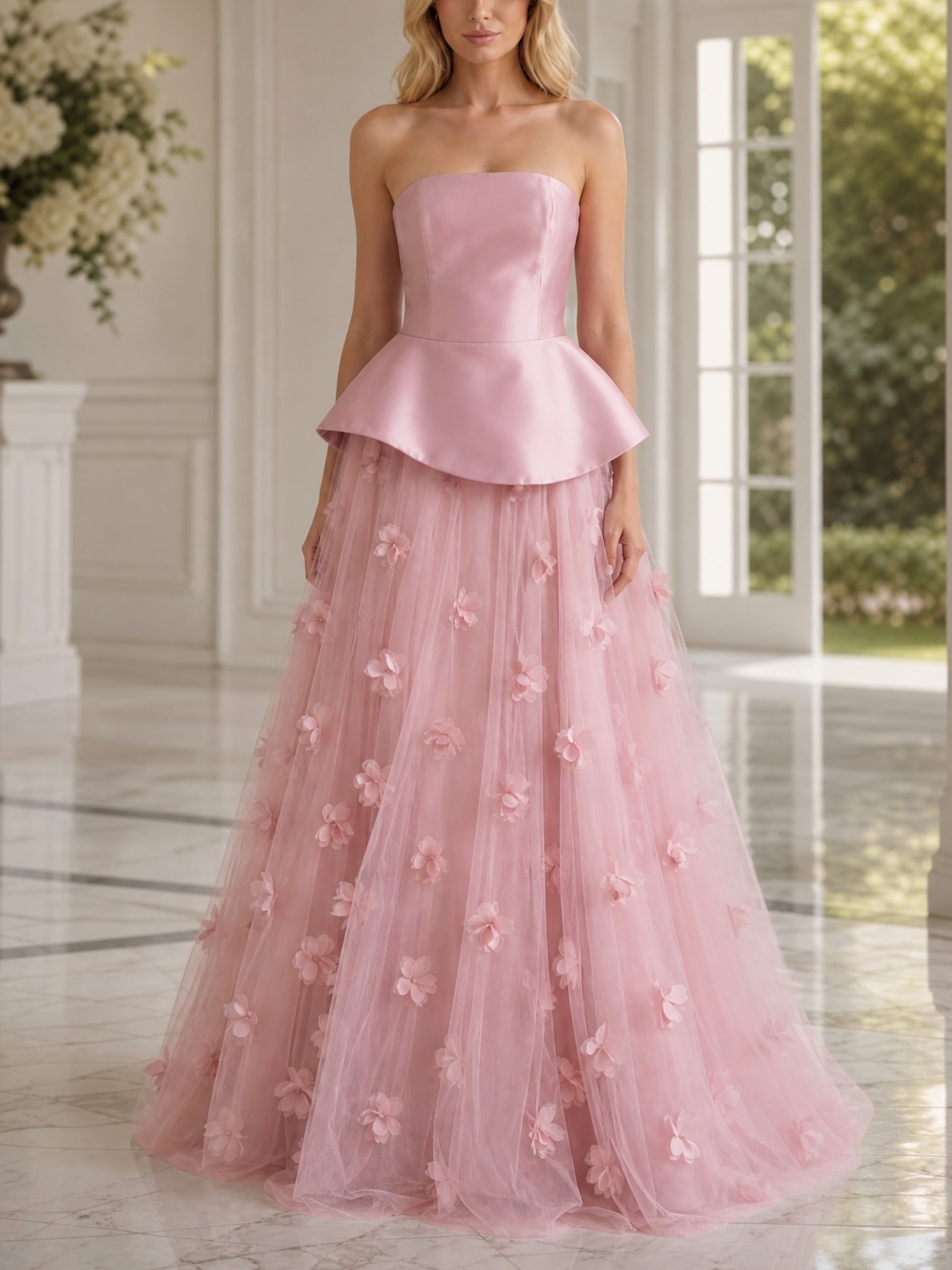 Blush Pink 3D Floral Strapless Peplum Floor-Length Gown Dress