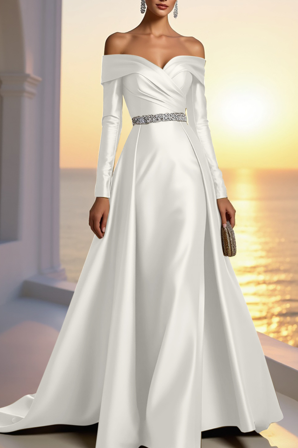 Formal Champagne Satin Dress Off The Shoulder Long Sleeve Maxi Gown