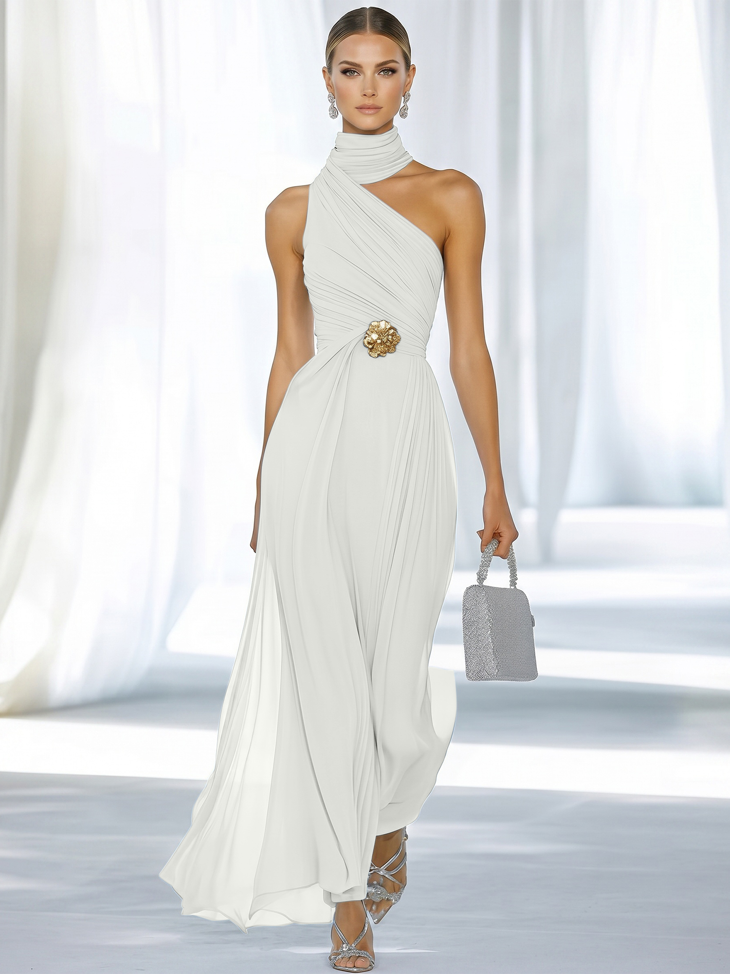 Sky Blue One-Shoulder High-Neck Ruched Chiffon Maxi Dress