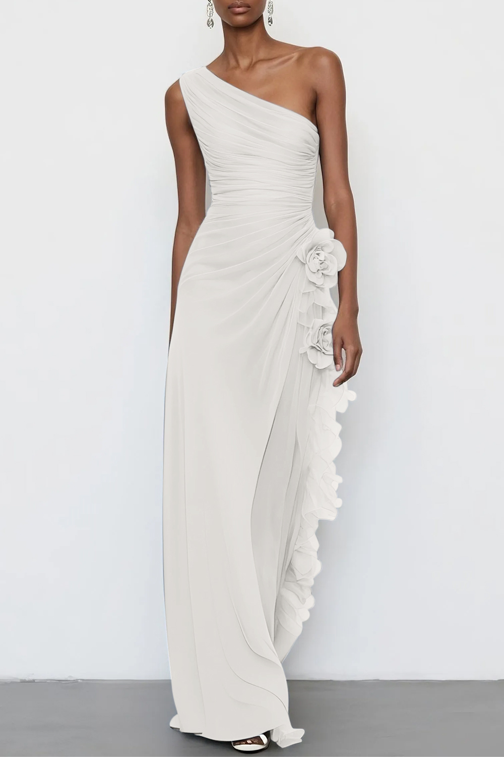 3D Floral Chiffon One Shoulder Sleeveless Sheath Maxi Dress