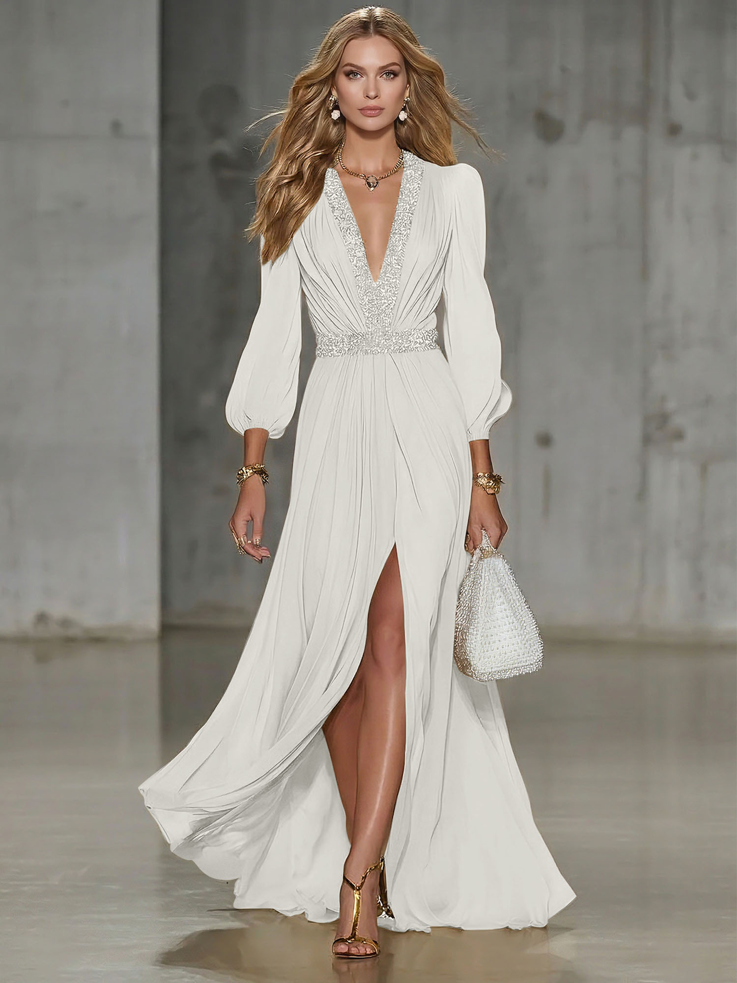 Elegant Beige Chiffon V-neck With Rhinestone Embellishments And A Side Slit Maxi Dress