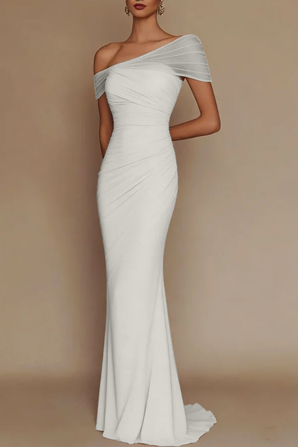 Blush Pink One-Shoulder Mesh-Patched Pleated Mermaid Maxi Dress