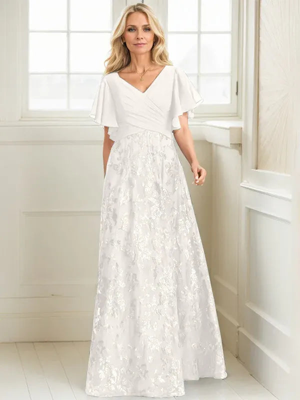 A-line V-Neck Floor-Length Lace Sequin Chiffon Mother of the Bride Dress With Pleated