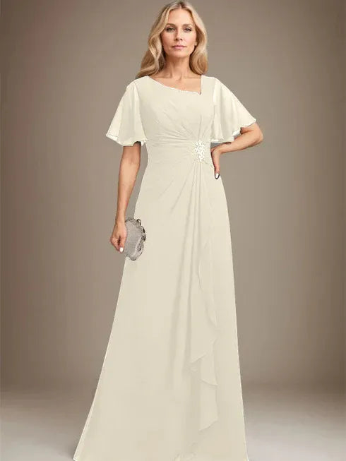 A-line Asymmetrical Floor-Length Chiffon Mother of the Bride Dress With Pleated Beading Sequins