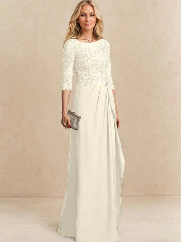 A-line Scoop Illusion Floor-Length Chiffon Lace Mother of the Bride Dress With Beading Sequins Cascading Ruffles
