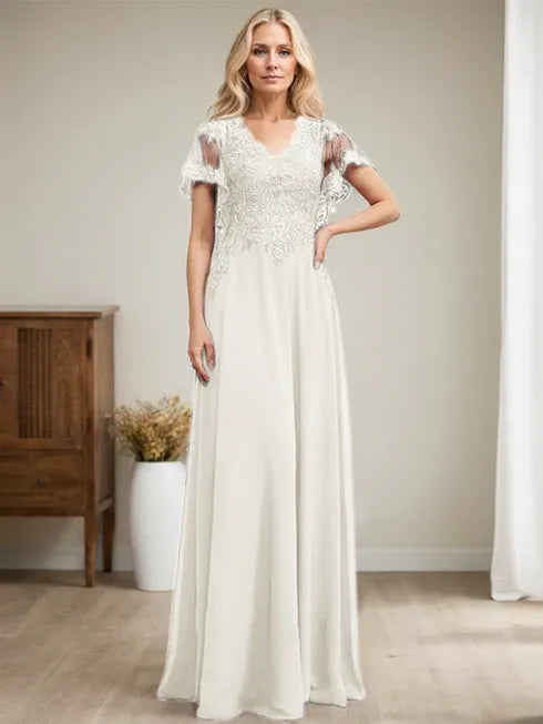 A-line V-Neck Floor-Length Lace Chiffon Mother of the Bride Dress With Sequins