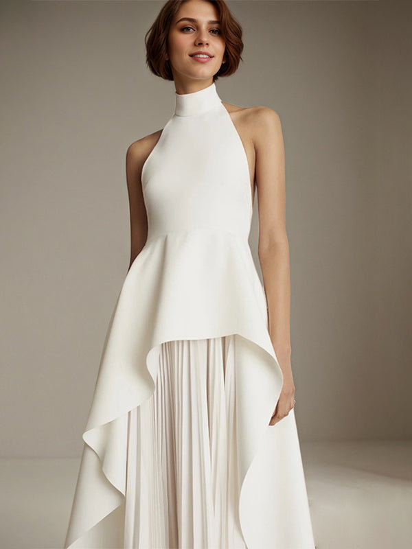 White Sleeveless High Neck Chiffon Long Formal Dress With Ruffles