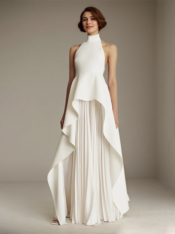 White Sleeveless High Neck Chiffon Long Formal Dress With Ruffles