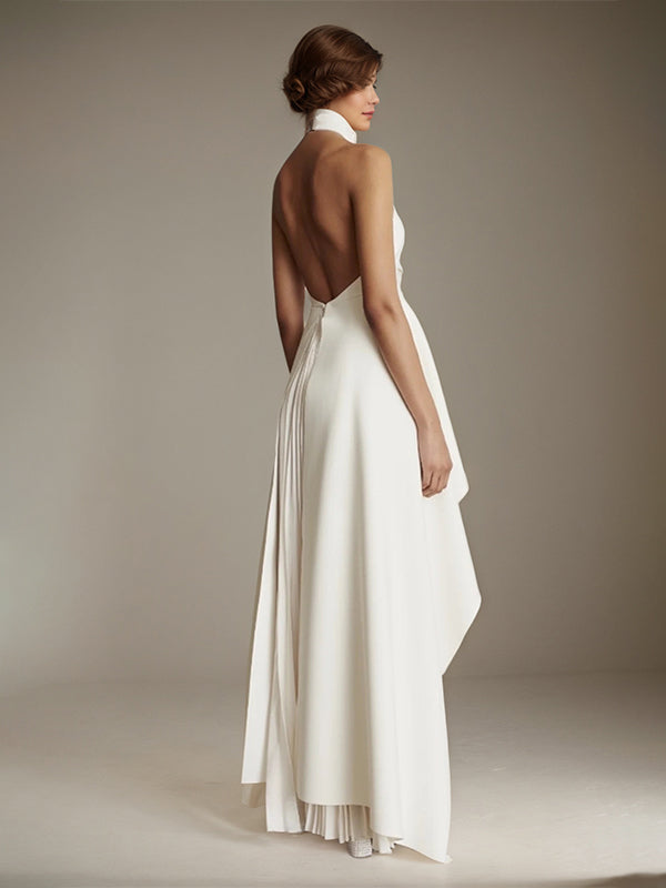 White Sleeveless High Neck Chiffon Long Formal Dress With Ruffles