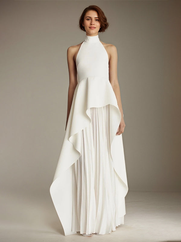 White Sleeveless High Neck Chiffon Long Formal Dress With Ruffles