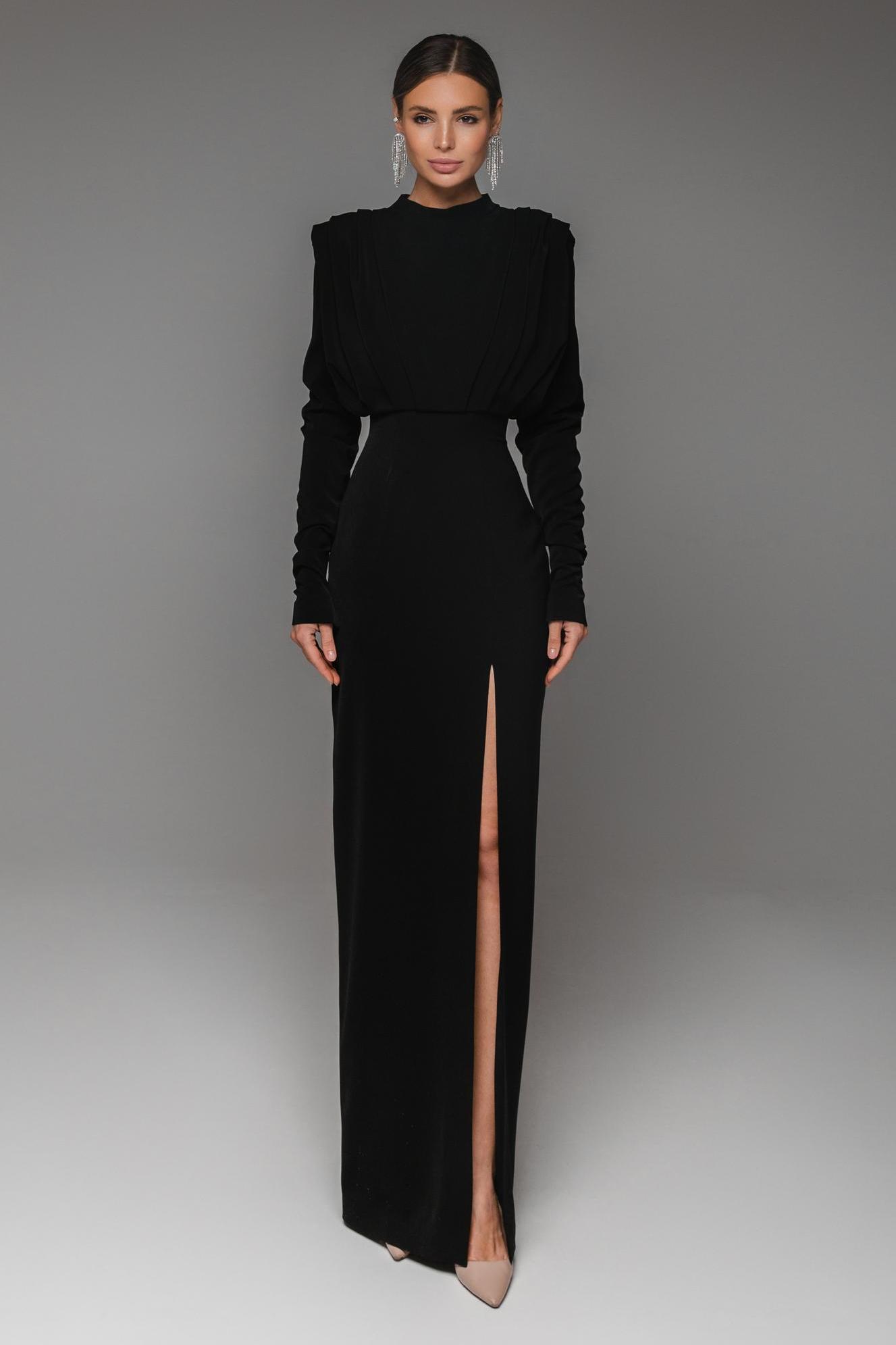 Stand Collar Long Sleeve Pleated Waist Split Maxi Dress