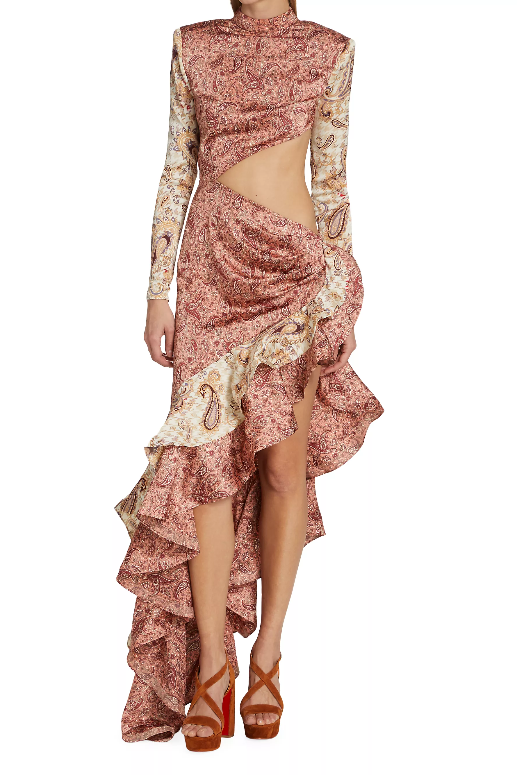 Paisley Ruffle Stand Collar Cut-Out Split Maxi Dress