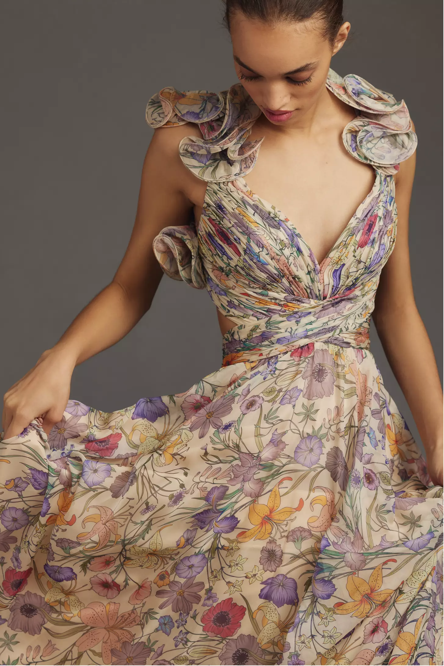 Floral Pleated Backless Lace Up Maxi Dress