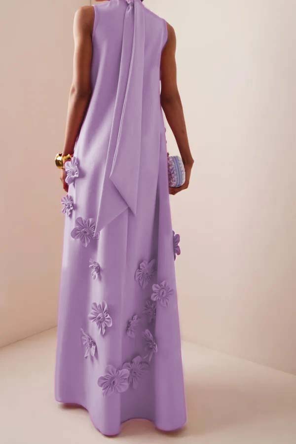 3D Floral High Neck Sleeveless Maxi Dress Purple