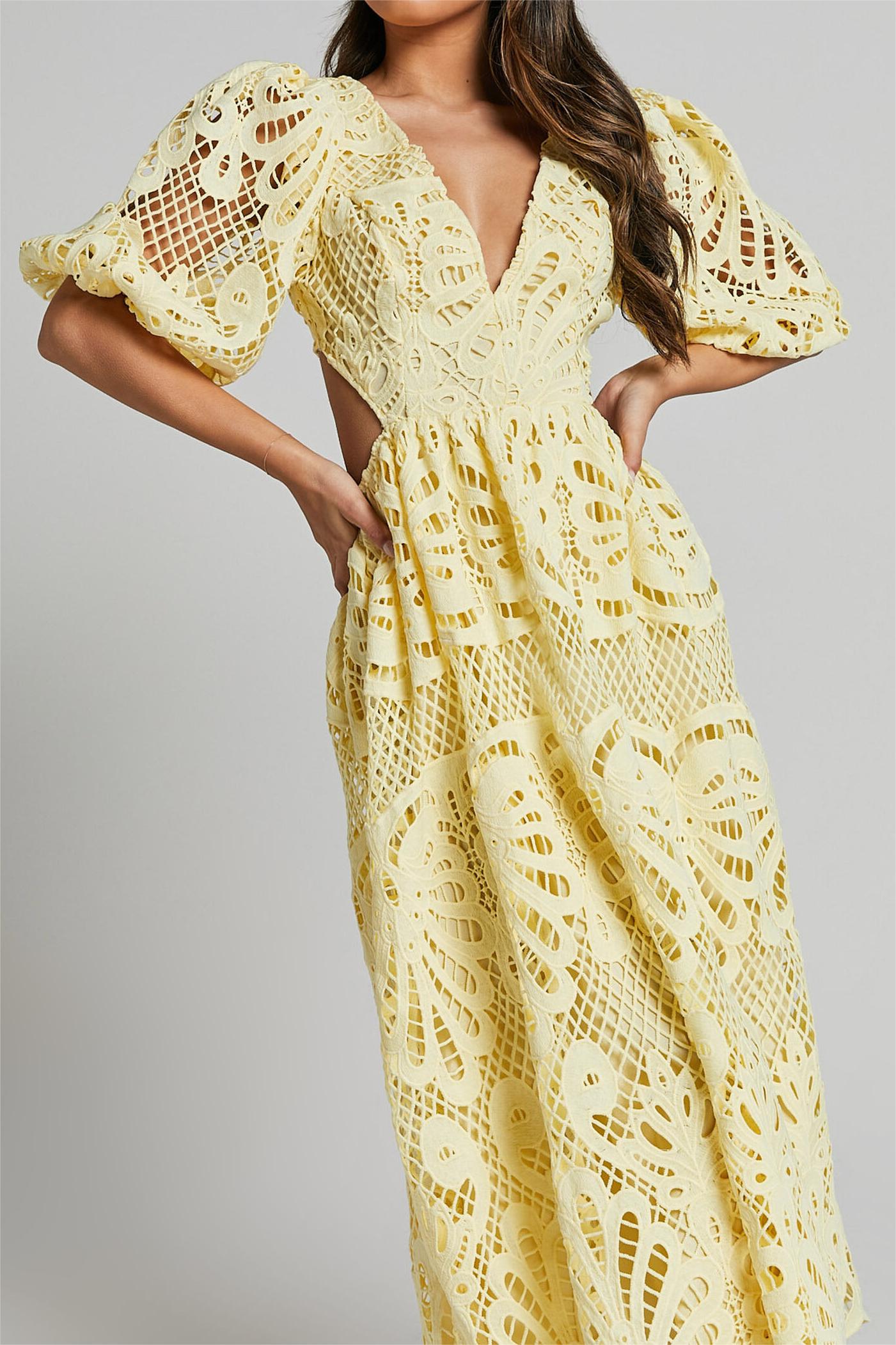 Lace V-Neck Cut-Out Midi Dress Yellow