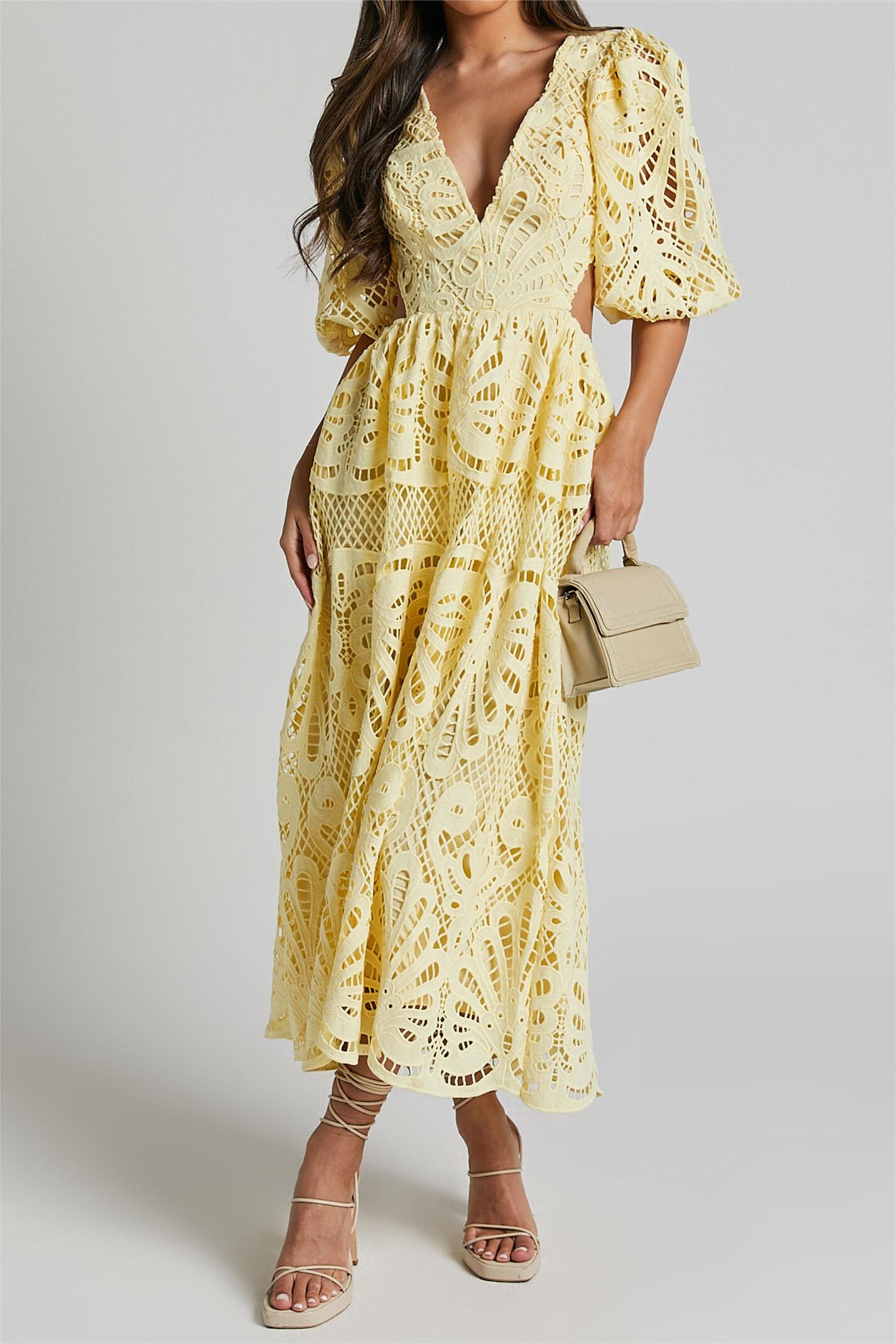 Lace V-Neck Cut-Out Midi Dress Yellow