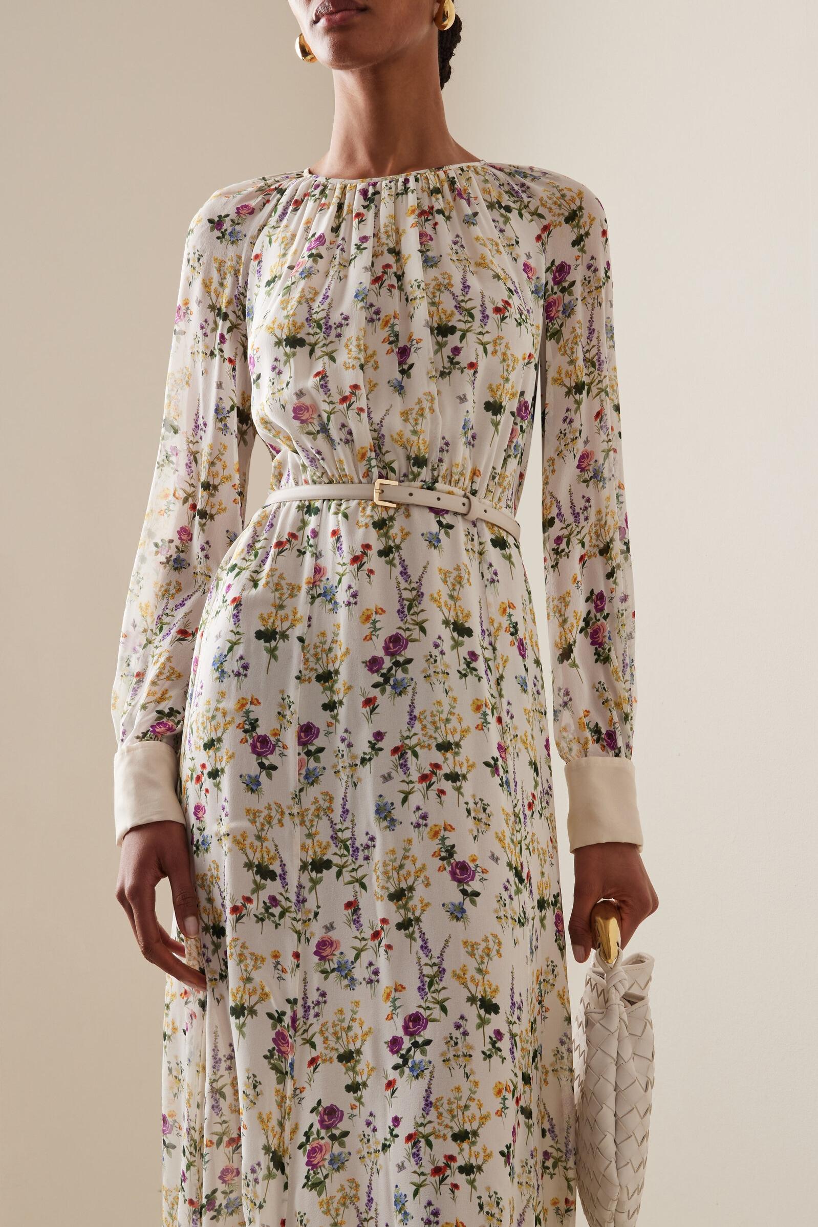 Floral Pleat Round Neck Maxi Dress With Belt