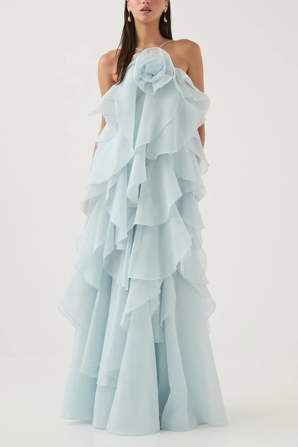 3D Flower Halter Neck Frill Maxi Dress